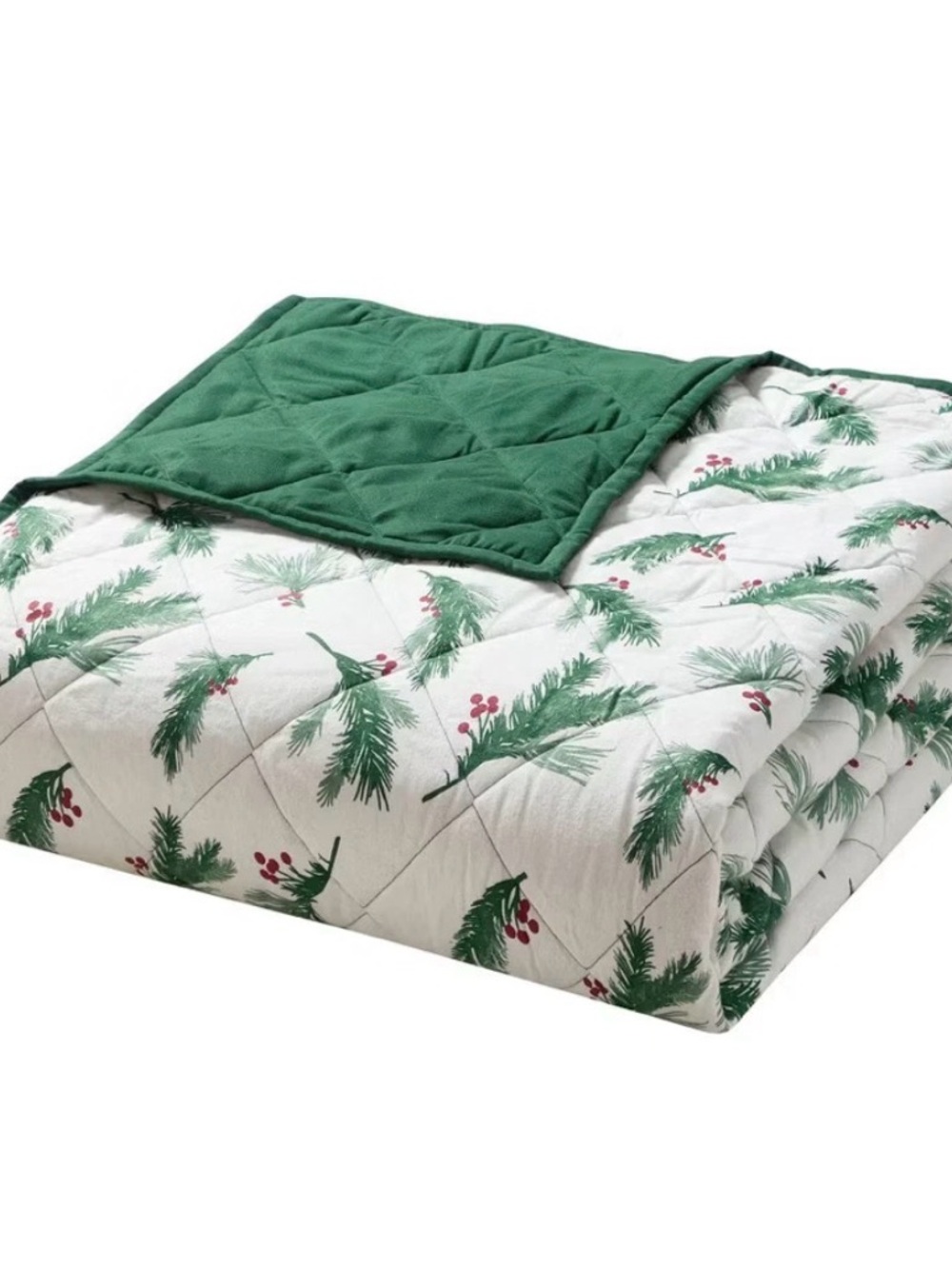 Festive Green and White Pine Branch Reversible Flannel Comforter Set ~ KING - Picture 3 of 8